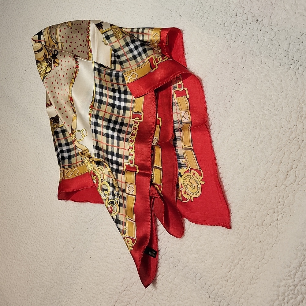 100% Silk Equestrian Chain Scarf / 32"x 32" / red, cream, tan